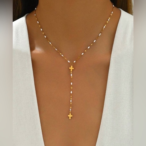 Gold Plated Stainless Steel Cross Beaded Lariat Necklace - Picture 1 of 2